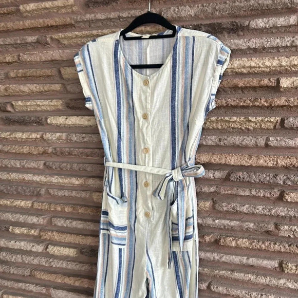 Monteau Los Angeles Blue Striped Linen Blend Casual Jumpsuit Size Medium - Picture 6 of 8